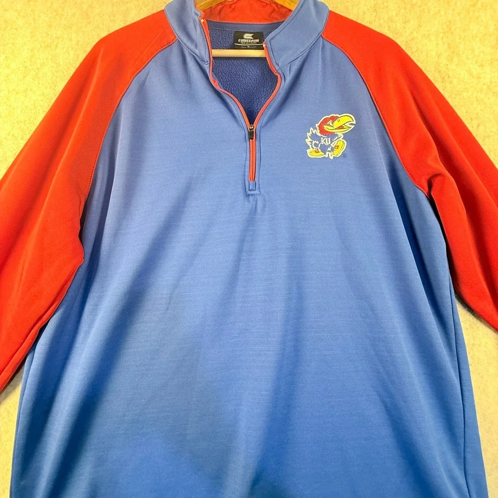 Colosseum Kansas Jayhawks Mens Large Blue Red Quarter Zip Pullover Fleece Jacket